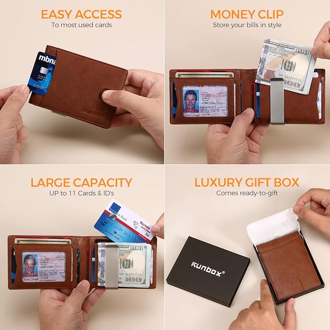 RUNBOX Money Clip Slim Wallets for Men RFID Blocking 11 Card Holder Minimalist Small Leather Bifold Men's Front Pocket Wallet Gift Box