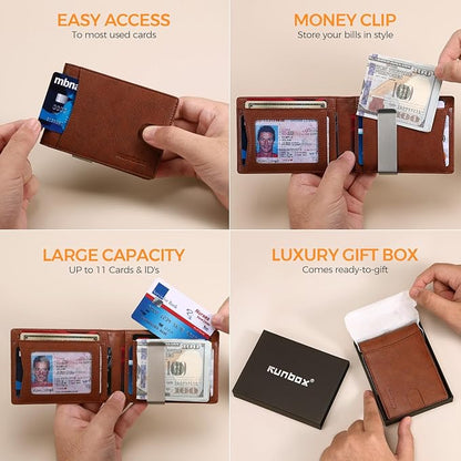 RUNBOX Money Clip Slim Wallets for Men RFID Blocking 11 Card Holder Minimalist Small Leather Bifold Men's Front Pocket Wallet Gift Box