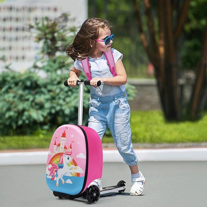 VLIVE Kids Scooter Luggage with Backpack 2-in-1 Set, 30L Ride-On Suitcase + 10L Backpack, Durable EVA Material, Lightweight Foldable, Wheels for Girls Aged 4-8, Unicorn Design