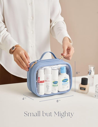 Clear Cosmetic Bag Double Layer Travel Toiletry Bag Clear Makeup Bag Case with 4 Compartments, Transparent Travel Bag for Toiletries, Large Toiletry Bag for Women Cosmetic Case (Blue, Small)
