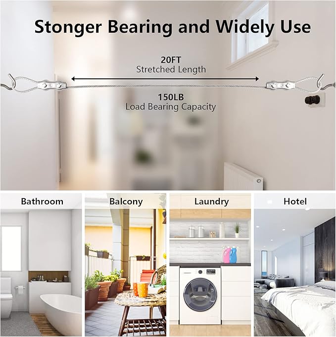 Clotheslines,20ft Portable Windproof Clothes Rope Line with Stainless Steel Cable Tightener System Multipurpose Heavy Duty Laundry Rope for Christmas Decor Outdoor/Indoor/Home/Drying (20Ft/6m)