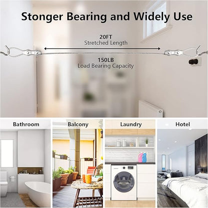Clotheslines,20ft Portable Windproof Clothes Rope Line with Stainless Steel Cable Tightener System Multipurpose Heavy Duty Laundry Rope for Christmas Decor Outdoor/Indoor/Home/Drying (20Ft/6m)