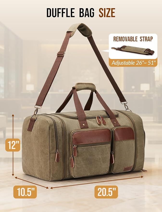 Canvas Duffle Bag for Travel 50L Expandable Travel Duffel Bags for Men Women Overnight Weekend Gym Bag with Shoes Compartment - Brown
