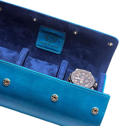 Genuine Napa Leather Watch Roll Travel Case for 3 Watches - Travel Watch Rolls and Leather Watch Display Cases with Velvet Interior - Watch Storage Organizer Men's (Blue 3 Watch Roll Case)