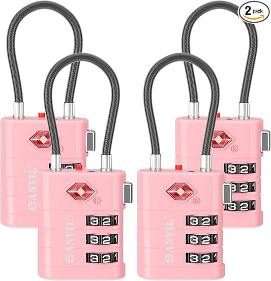 ANVIL TSA Approved Luggage Locks – High Security TSA008 Combination Travel Locks with Inspection Indicator for Suitcases and Backpacks. (4, Pink)