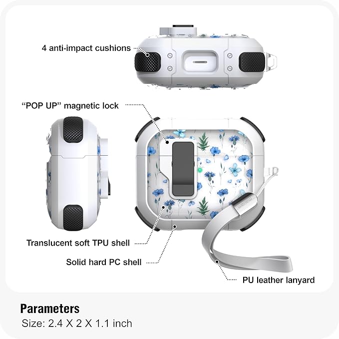 WENEW Case for AirPods 3 Case Cover Secure Lock Automatic Snap Switch Clip Cleaner Kit Lanyard Women Stylish Flower Armour Hard Shell Full Body Front LED Visible (Blue Flower, AirPods 3rd)