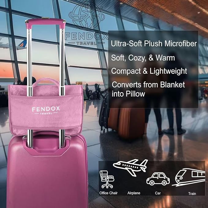 2-in-1 Travel Blanket and Pillow – Lightweight, Compact, Ultra Soft, Machine Washable – Handle, Luggage Sleeve, Backpack Clip – for Trave Airplane, Car, Office (Light Pink)