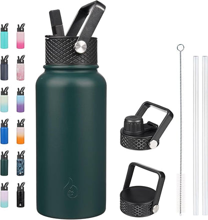 BJPKPK Insulated Water Bottles with Straw Lid, 27oz Stainless Steel Water Bottle with 3 Lids, Leak Proof BPA Free Metal Thermo, Mugs, Tumblers, Keep Cold Hot -Army Green