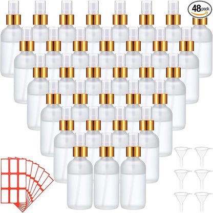 Fumete 36 Pcs Glass Spray Bottles 4oz Fine Mist Glass Spray Bottle Refillable Liquid Containers with 6 Labels 6 Funnel for Hair Travel Plants Cleaning Solutions Skin Care (Clear,Frosted)