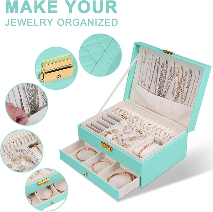 GUOER Jewelry Box for Women Girl Wife - Large PU Leather Jewelry Organizer Storage Case with Two Layers Display for Earrings Bracelets Rings Watches (Teal)