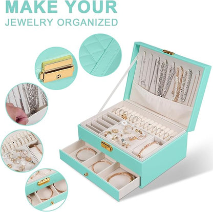 GUOER Jewelry Box for Women Girl Wife - Large PU Leather Jewelry Organizer Storage Case with Two Layers Display for Earrings Bracelets Rings Watches (Teal)