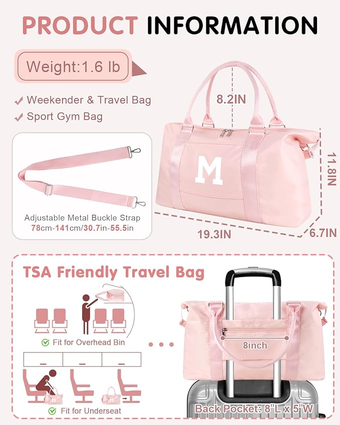 Initial Travel Duffel Bag Sports Gym Bag for Girls Teen Birthday Gifts,Pink Personalized Weekender Bag Carry On Tote Bags for Women Men,Waterproof Overnight Luggage Bag with Trolley Sleeve(Letter M)