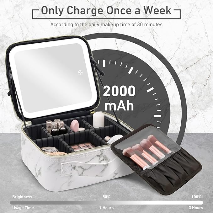 Travel Makeup Bag with Lighted Mirror Partitionable Makeup Train Case with 3 Color Modes Dimming Light up Mirror Make up Cosmetic Organizer Bag with 10X Magnifying Mirror, Toiletry Gift Accessories