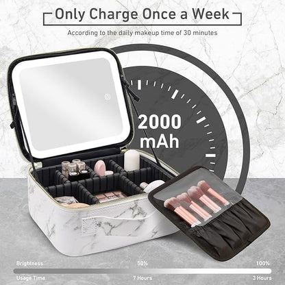 Makeup Bag with Mirror and Light, Makeup Case with Lighted Mirror, Travel Makeup Bag with Light up Mirror 3 Color Lights, Makeup Organizer Bag with Adjustable Dividers & Brush Holder(Marble)
