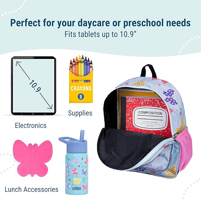 Wildkin 12-inch Kids Backpack – Padded, Adjustable, Ideal for Daycare & Travel - Butterfly Garden