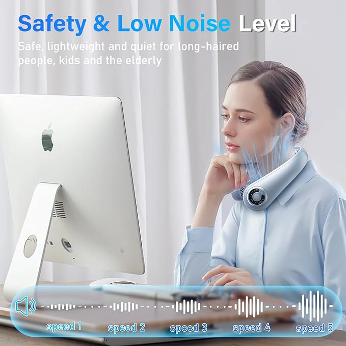 Neck Fan - Portable Neck Fan with Neck Support, 5 Speeds, All Around Airflow, Hand-free Bladeless Personal Cooling Fans, Rechargeable Wearable Fan for Outdoor and Indoor, Festival Gifts for Men Women