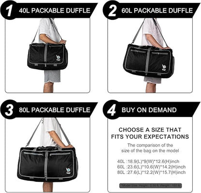 Bago Large Foldable Duffel Bags for Traveling Women & Men - 80L Packable Duffle Bag for Travel with Shoe Compartment - Water Repellant, Heavy Duty, Lightweight Folding & Collapsible (Green)