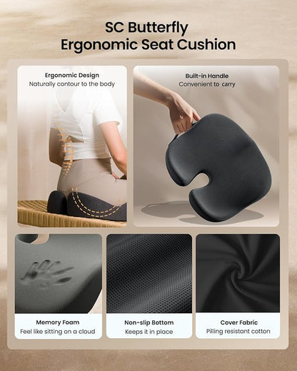 ProtoArc Seat Cushion, Office Chair Cushion for Sciatica, Coccyx Cushion, Ergonomic Memory Foam Seat Cushion for Car, Home, Pressure Relief Pad for Hip, Tailbone, All Day Comfort - Black