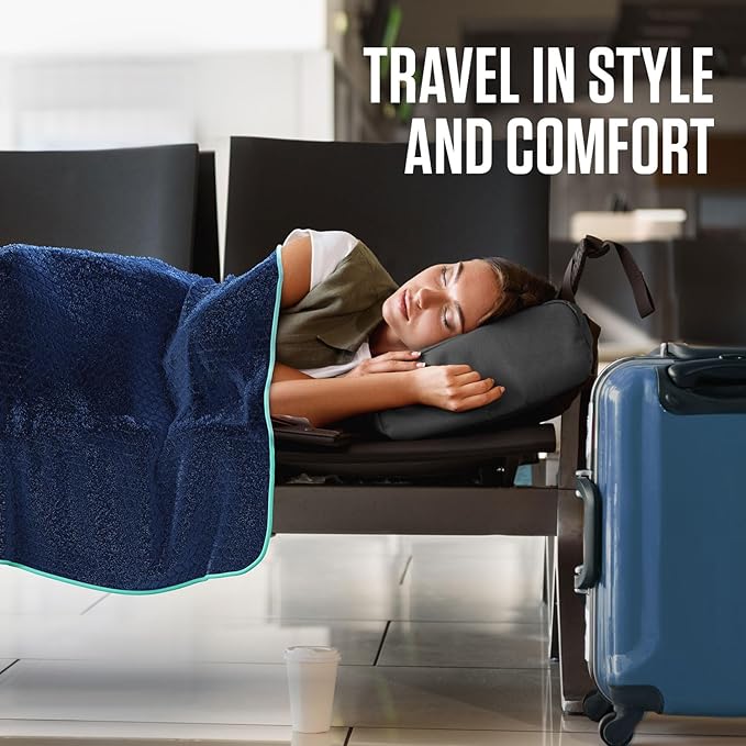 VENTURE 4TH Travel Blanket Pillow – Premium Ultra-Soft & Warm 2-in-1 Blanket or Pillow for Airplane, Car & Bus – Compact, Lightweight & Portable – Lint-Free, No Shedding, No Pilling - Navy/Teal