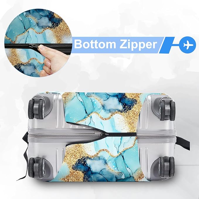 FOREVER QUEEN Luxury Light Blue Gold Marble Luggage Cover Suitcase Protector Suitcase Cover Anti-Scratch,Stretchable Bag Cover Washable Durable Polyester