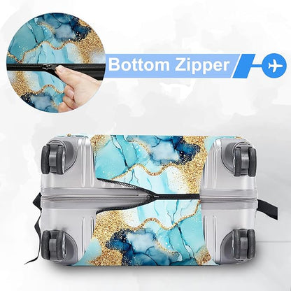 FOREVER QUEEN Luxury Light Blue Gold Marble Luggage Cover Suitcase Protector Suitcase Cover Anti-Scratch,Stretchable Bag Cover Washable Durable Polyester