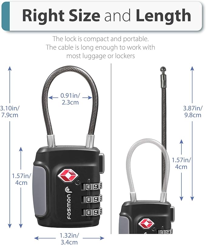 Fosmon TSA Approved Luggage Locks, Cable Suitcase Travel Lock, 3 Digit Long Shackle Combination Padlock, Wire Lock for Gym Locker, Backpack Anti Theft