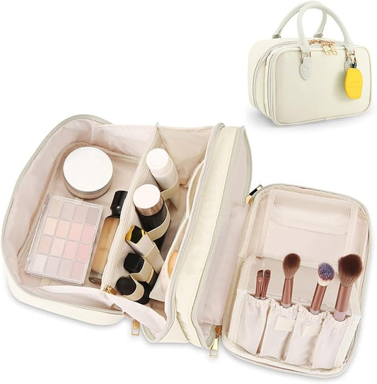 Travel Makeup Bag for Women Fashion Large Capacity Pouch Open Flat Cosmetic Portable Organizer Waterproof Large Opening Storage Toiletry Bags Vertical Free-Standing Brush Holder for Easy Access Beige