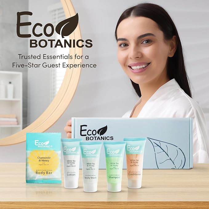 Eco Botanics Amenity Kit | Boxed Hotel Toiletries | Bulk Set .85 oz Travel Size Shampoo, Conditioner, Lotion, Body Wash & Body Bar Soap for Guest Hospitality AirBnB/Vacation Rentals | 15 sets per case