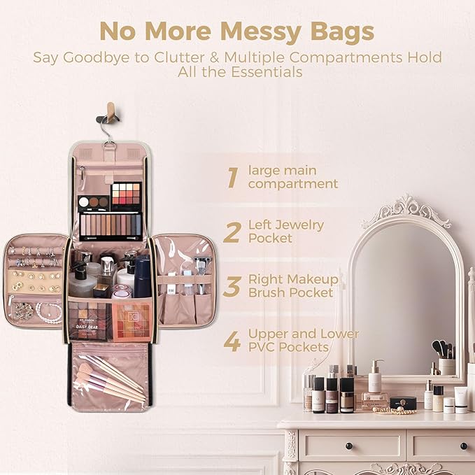 Hanging Toiletry Bag & Makeup Bag for Women with Jewelry Organizer - TSA Approved Large Capacity Travel Cosmetic Organizer, Waterproof Shower Essentials Case with Transparent Pockets, Beige