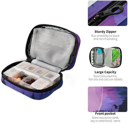 Purple Stag Mountains and Forest Travel Pill Organizer Case Box Container Weekly Portable Vitamin Medicine Holder Storage Bag with Zipper Removable