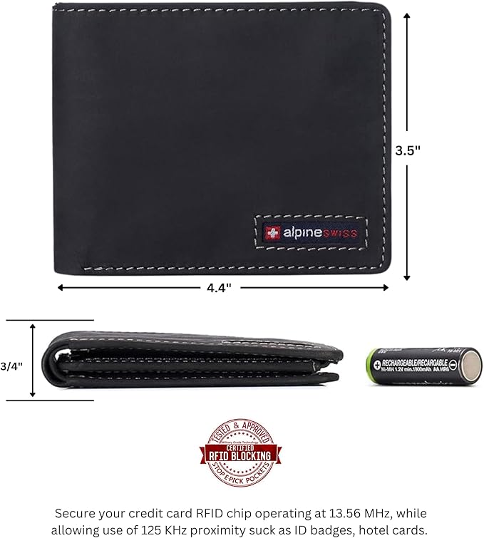 Alpine Swiss Mens Wallet for Men | RFID Protected Leather Mens Wallet | Spencer Bifold with Divided Bill Section | Gift Box | 2 ID Windows | 14 Card & Storage Pockets for Organization