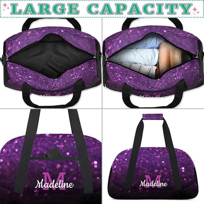 Personalized Kids Sports Duffel Bag with Name Custom Weekender Overnight Bag for Boys Girls Gym Bag Travel Dance Gymnastics Duffel Bag, DeepPurple Glitter