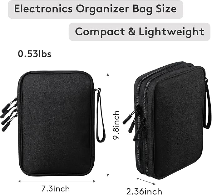 DDgro Travel Electronics Organizer Pouch Bag for Tech Gadgets & Airplane Accessories, for Cables/Cords & Chargers/iPad Mini (Large, Black)
