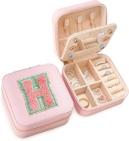 SANDJEST Personalized Jewelry Box, Pink Travel Jewelry Box with Initial H, Small Monogrammed Jewelry Case Organizer for Girls Women Teen Kids, Mini Travel Essentials Gifts for Birthday Christmas