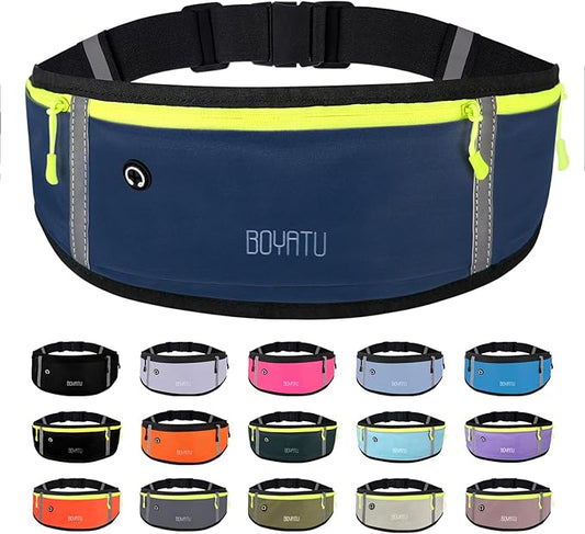 BOYATU Running Belt, Waist Pack - Workout Fanny Pack, Slim Runner Belt with Phone Holder, Blue 2, Waterproof, Adjustable