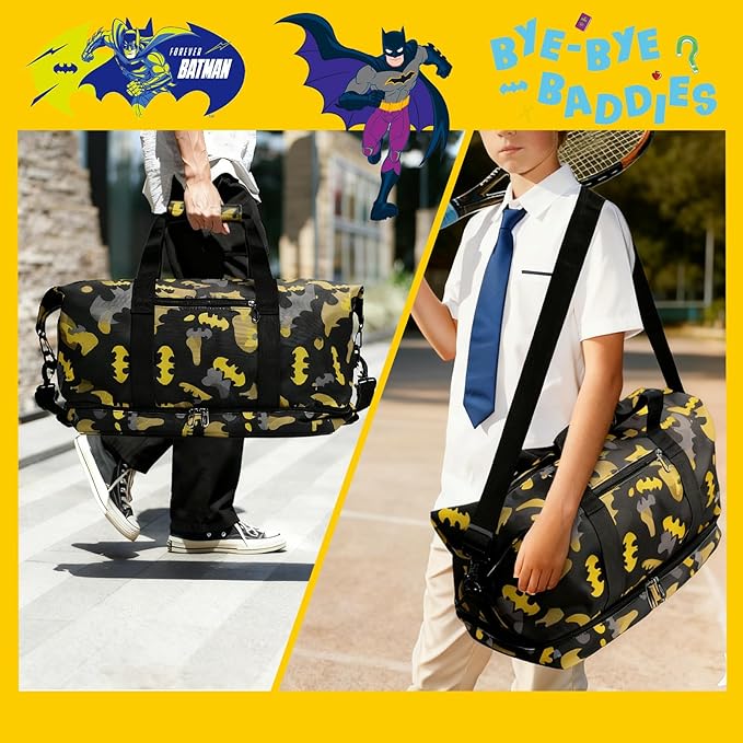 BATMAN Durable Travel Duffel Bag with Bold Yellow and Black Camouflage Pattern, Spacious Interior for All Essentials, Adjustable Shoulder Strap, Reinforced Handles,Stylish Design for Every Traveler