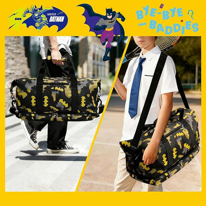 BATMAN Durable Travel Duffel Bag with Bold Yellow and Black Camouflage Pattern, Spacious Interior for All Essentials, Adjustable Shoulder Strap, Reinforced Handles,Stylish Design for Every Traveler