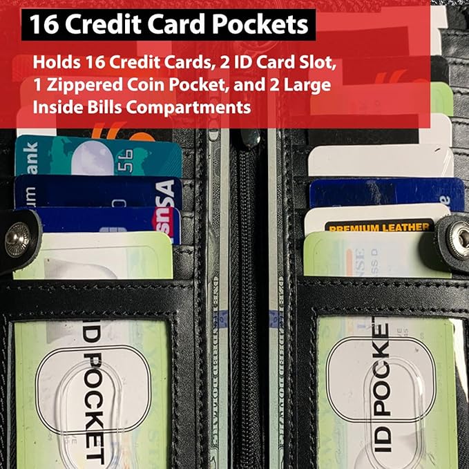 CLASSIC Motorcycle Chain Wallet for Men – Premium Cowhide Leather, RFID Bi-Fold Biker Wallet with Heavy Duty Chain for Bikers Truckers & Hunters, Credit Card Money Organizer Long Wallet Snake Black