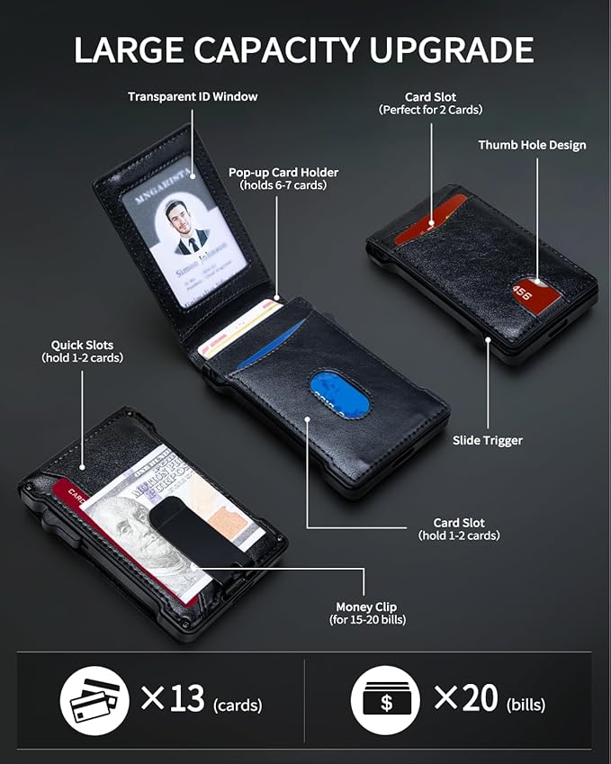 MNGARISTA Wallet for Men,Slim Minimalist Bifold Wallet with RFID Blocking,Pop-Up Credit Card Holder with ID Window & Money Clip,Magnetic Flip Metal Wallet for 11-13 Cards,Gifts for Men-Black