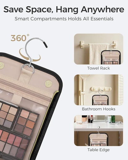 Hanging Toiletry Bag, PU Leather Makeup Bag Large Capacity with Jewelry Organizer for Brushes Set, Cosmetic Accessories, Black