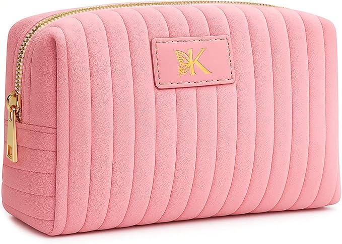 Monogrammed Make Up Bags for Women,Personalized Cosmetic Bags Women,Small Quilted Makeup Pouch,Cute Makeup Bag Travel,Birthday Gifts for Teen Girl (Pink K)