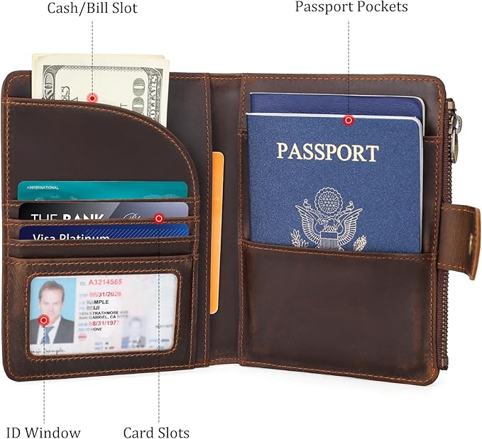 Polare Full Grain Leather Travel Passport Holder with YKK Zipper Pocket Snap Passports Cover RFID Blocking Passport Wallet Holders 2 Passports (Dark Brown with Zipper Pocket)