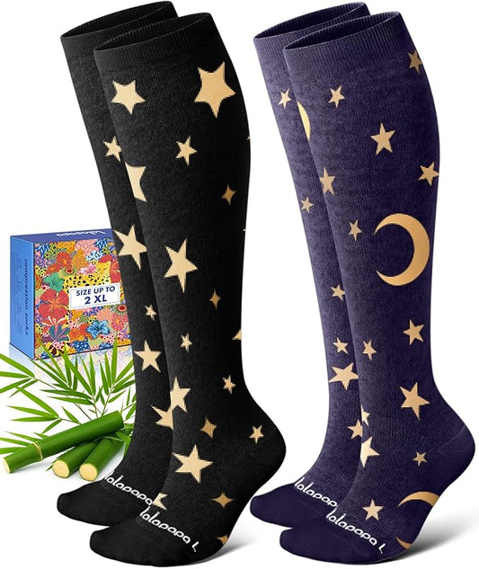 Bamboo Viscose Compression Socks for Women Men 2 Pairs 15-20mmHg Knee High Compression Socks Travel Nurse