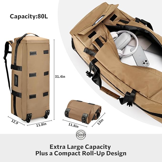 STOVER 80L Rolling Duffel Bag with Wheels, Large Durable Travel Duffle + Toiletry Bag, Heavy Duty, Packable, Foldable with Shoulder Straps- Use as Luggage or Backpack, Men/Women (Tan)