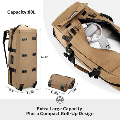 STOVER 80L Rolling Duffel Bag with Wheels, Large Durable Travel Duffle + Toiletry Bag, Heavy Duty, Packable, Foldable with Shoulder Straps- Use as Luggage or Backpack, Men/Women (Tan)