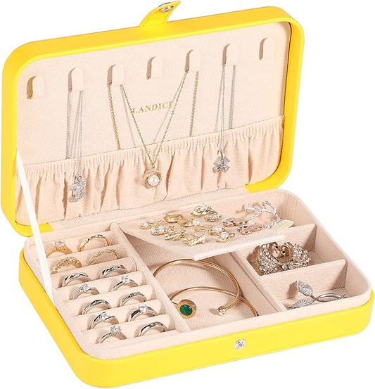 LANDICI Small Jewelry Box for Women Girls, PU Leather Travel Jewelry Organizer Case, Portable Jewellery Storage Holder Display for Ring Earrings Necklace Bracelet Bangle Watch Men Kids Gift, Yellow