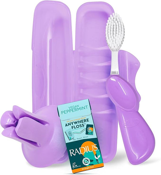RADIUS Vacation Pastel Bundle, Includes Right Handed Big Brush with Replaceable Head, Toothbrush Travel Case, DOC Toothbrush Holder, Anywhere Travel Floss Packette, Lavender Purple, 4 Piece Bundle