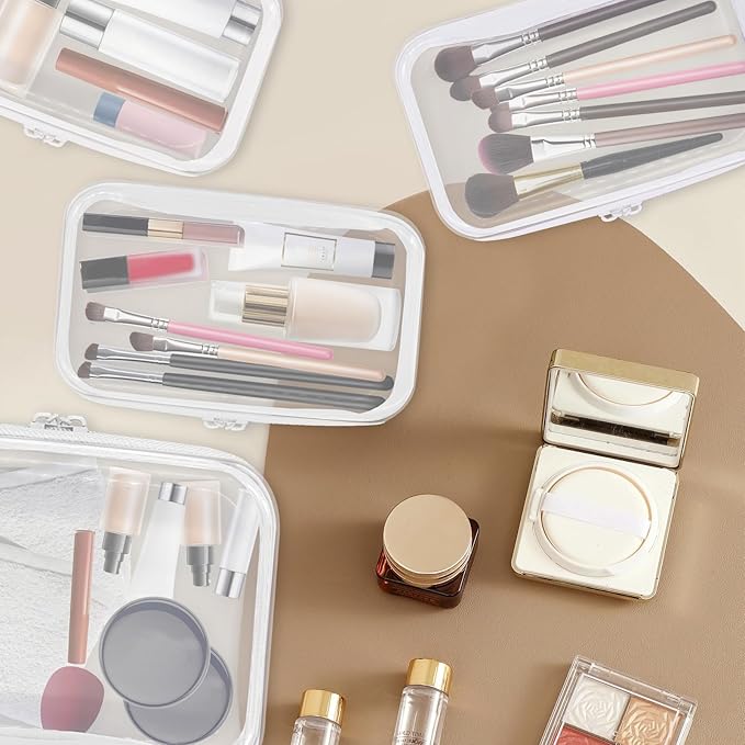 4PCS Clear Hard Zipper Case - Portable Organizer Pouches, Waterproof Plastic Cosmetic Bag,Travel Organizer Box for Cable, Make up Tools and Toiletries（White）