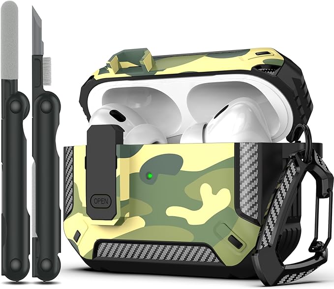 RFUNGUANGO for AirPods Pro 2nd Gen Case with Cleaning Kit, Military Hard Case Protective Armor with Lock, for AirPod Gen 2 Charging Case (2023/2022/2019, 2nd Gen/1st Gen),Rainforest Camouflage