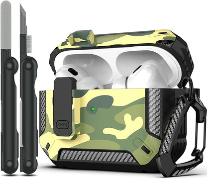 RFUNGUANGO for AirPods Pro 2nd Gen Case with Cleaning Kit, Military Hard Case Protective Armor with Lock, for AirPod Gen 2 Charging Case (2023/2022/2019, 2nd Gen/1st Gen),Rainforest Camouflage